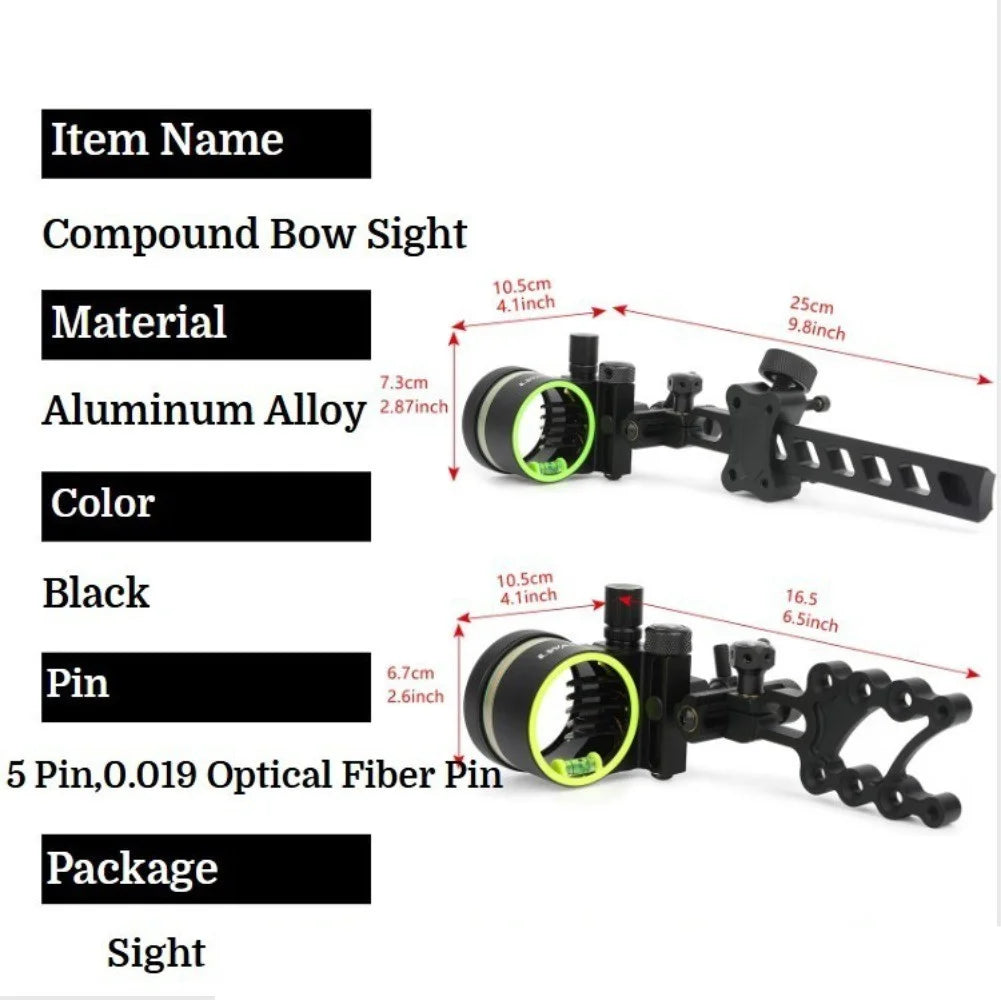 Five Pin Bow Sight Fiber Optic 0.019 Inch Adjustable Alloy