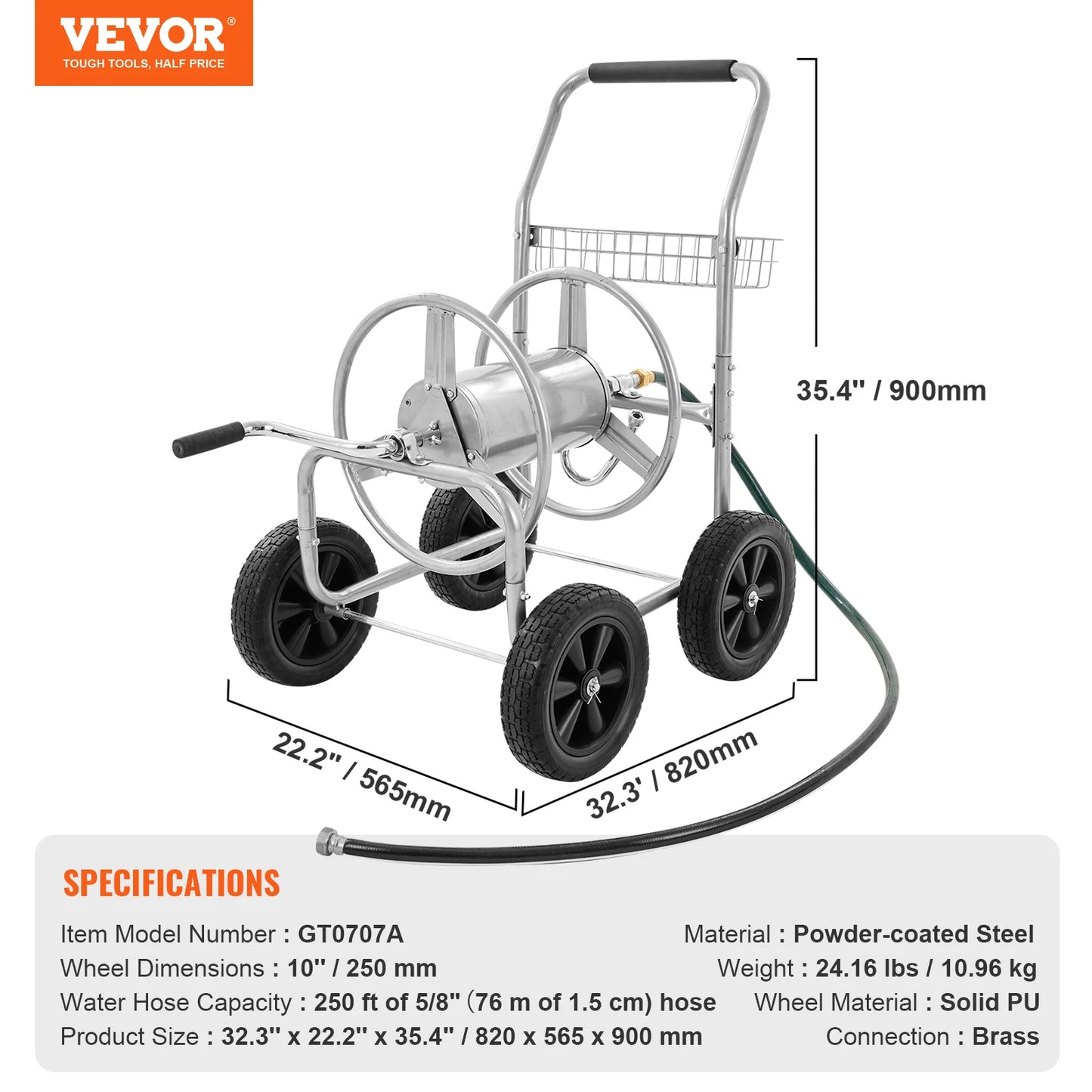 SucceBuy Hose Reel Cart 250ft Heavy Duty Garden Hose Reel With Basket