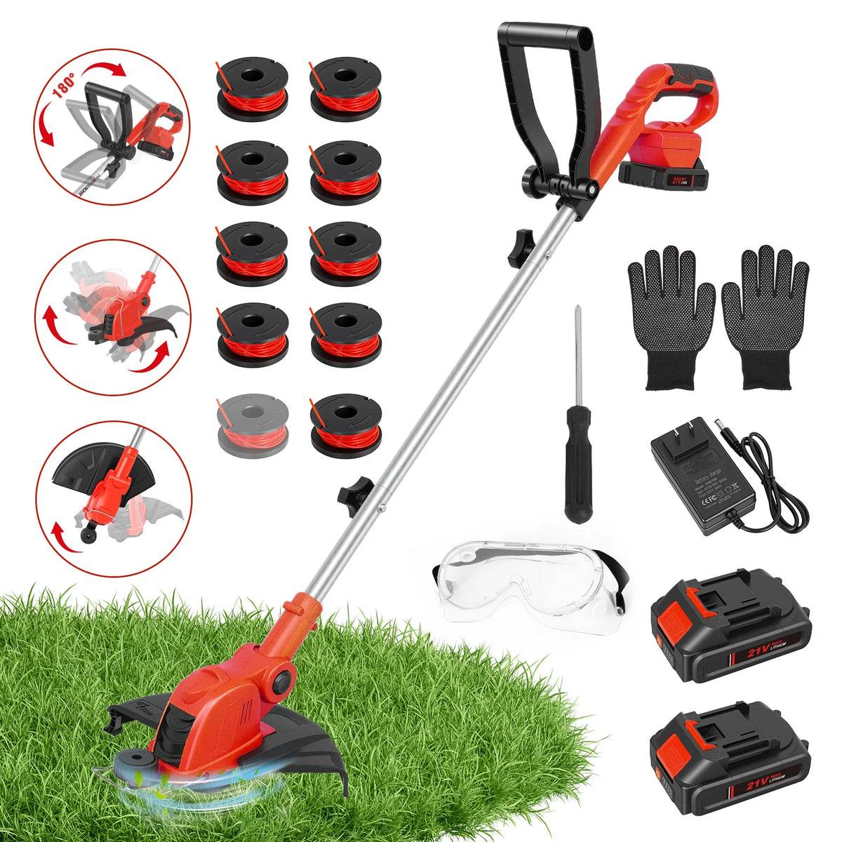 Cordless Trimmer With Rotatable Head Auto Line Feed Batteries and Charger - Parry's Picks