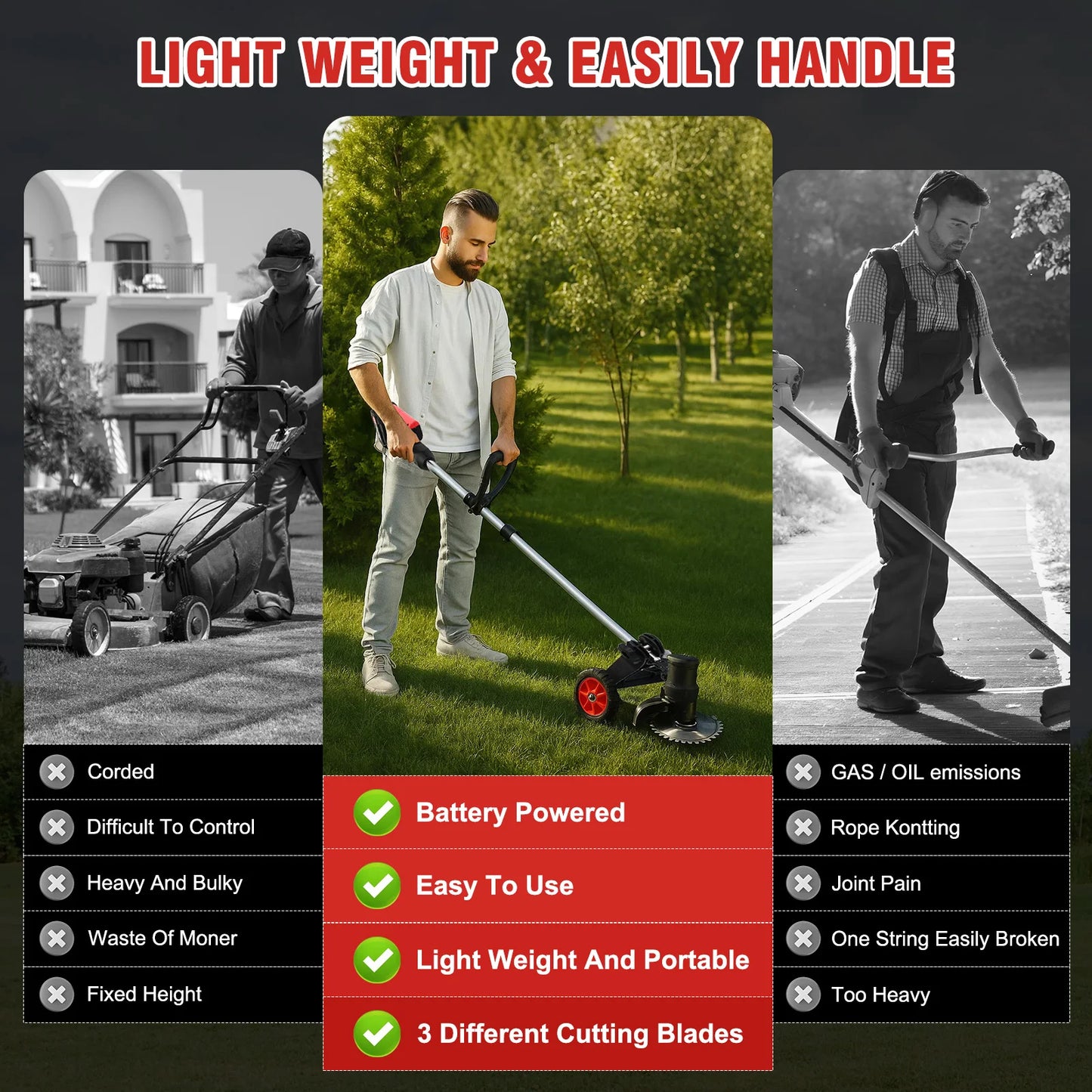 Cordless 21V Electric Lawn Mower Weed Trimmer With Brushless Motor