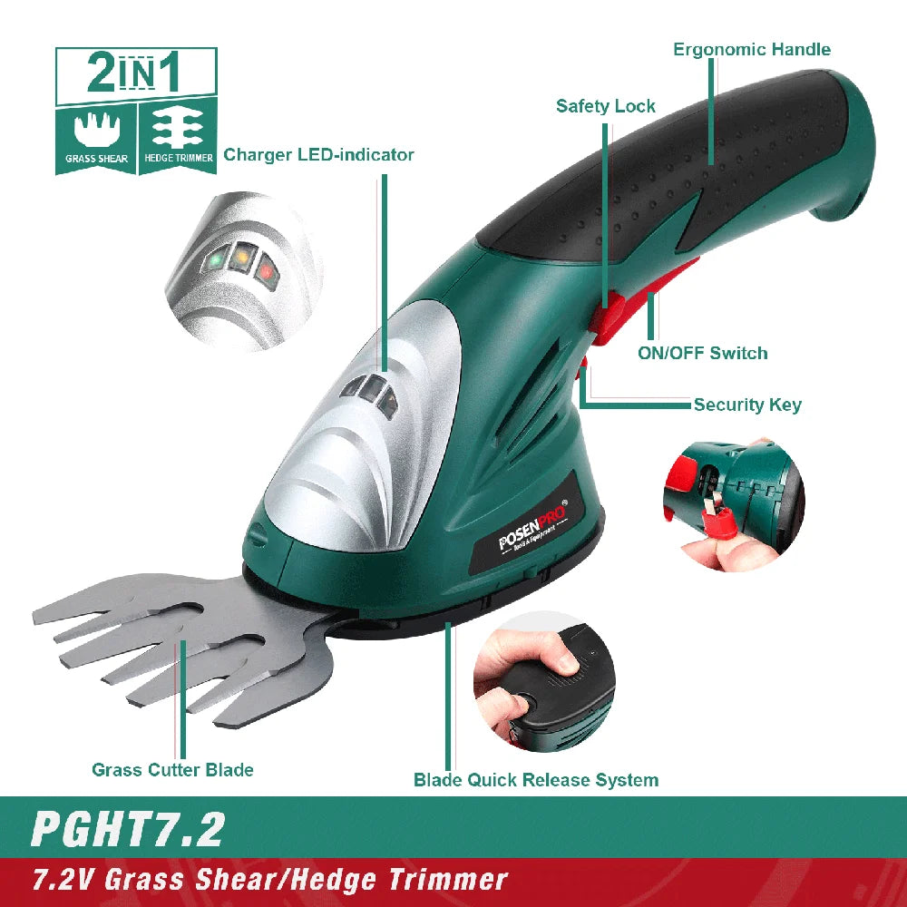 POSENPRO 2-In-1 Cordless Hedge Trimmer And Grass Shear Battery Included