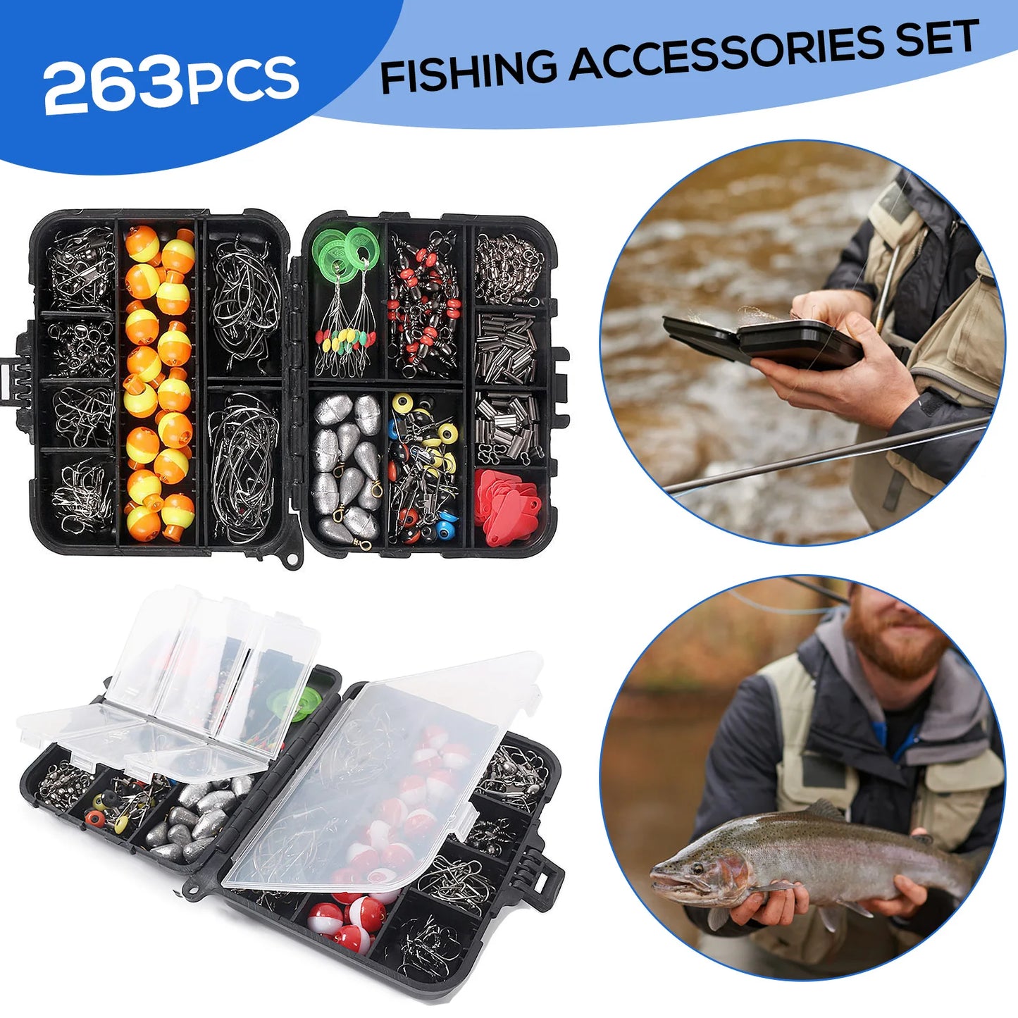 Docooler 263Pcs Fishing Accessories Set With Tackle Box Plier Jig Hooks Swivels
