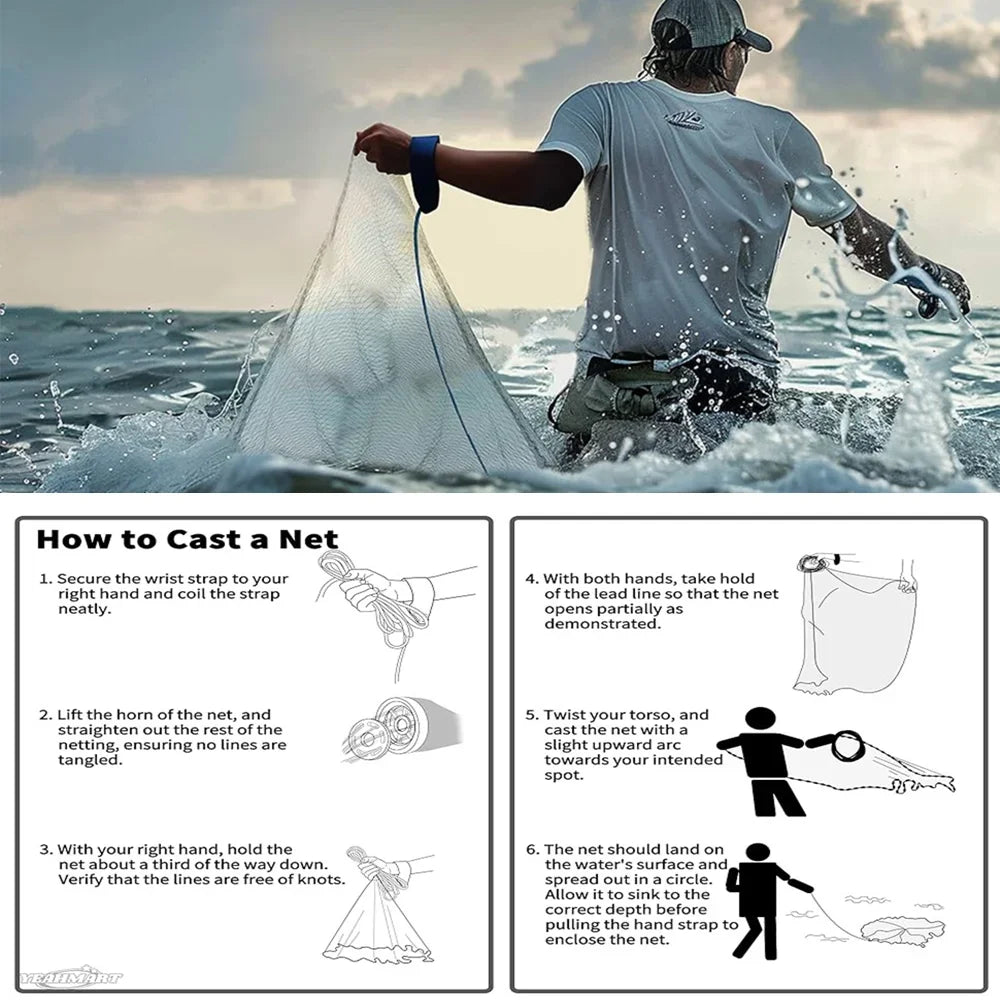 Saltwater Cast Net For Bait Fishing With Heavy Duty Zinc Sinker