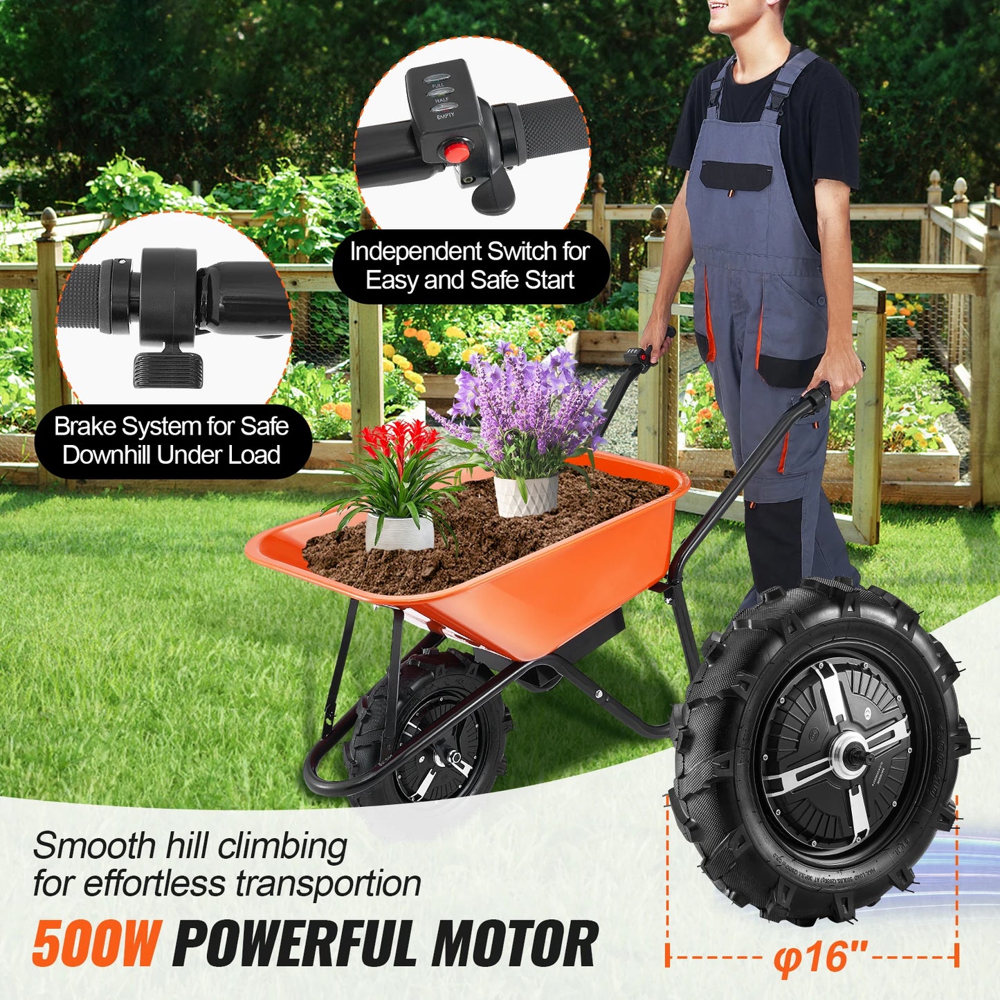 SucceBuy Electric Wheelbarrow Cart Garden Dump Wagon With Metal Handle