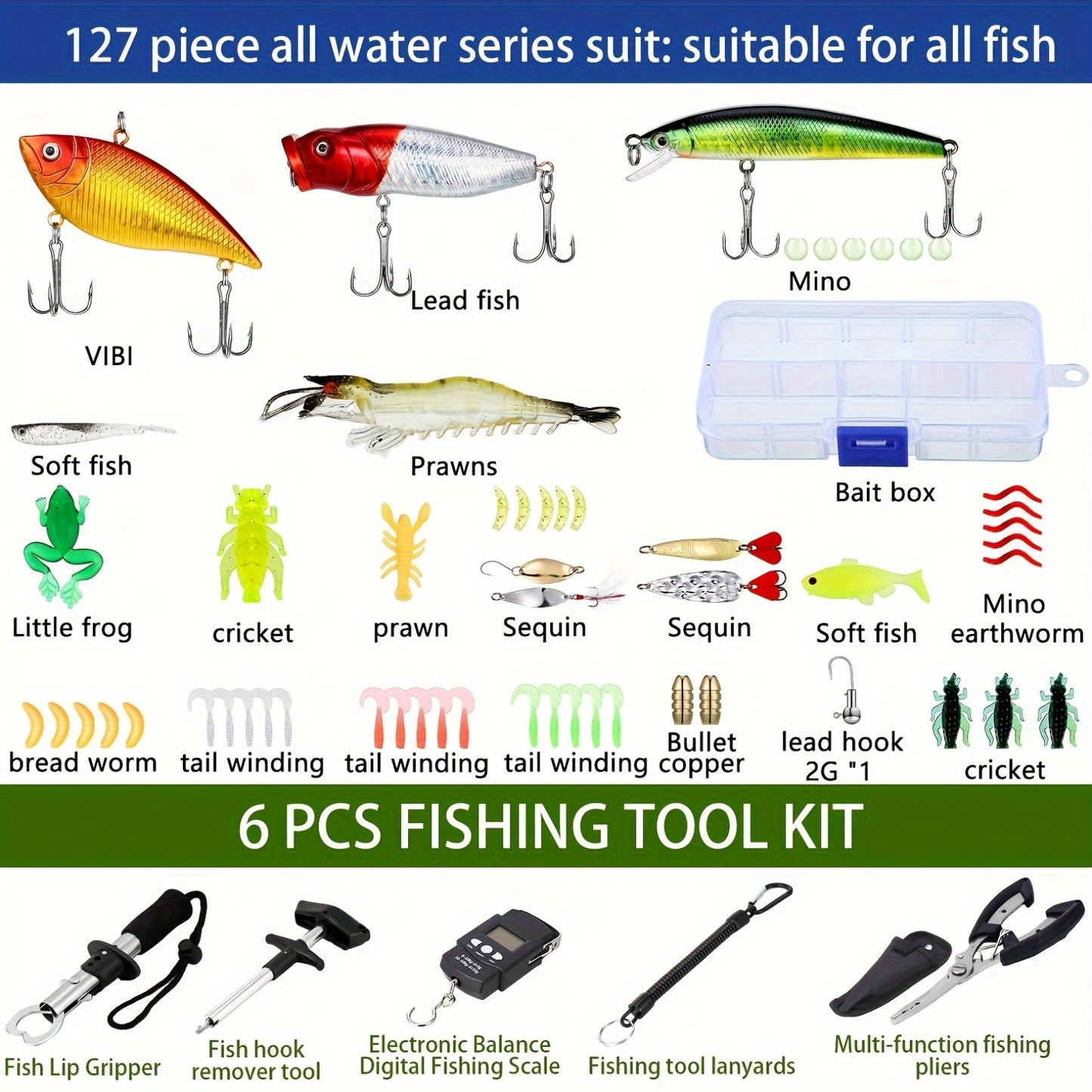 SKYLETY 482Pcs Fishing Tools Kit With Hooks Lures Lip Gripper