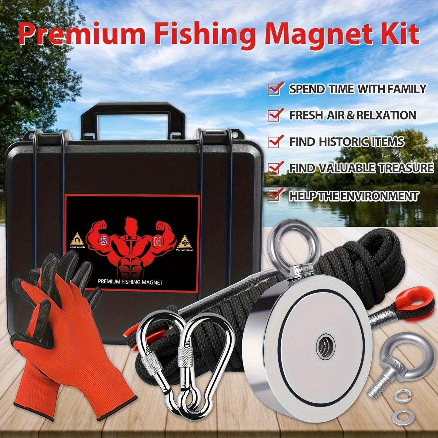 Professional Magnet Fishing Kit 2625 Lbs With Carry Case