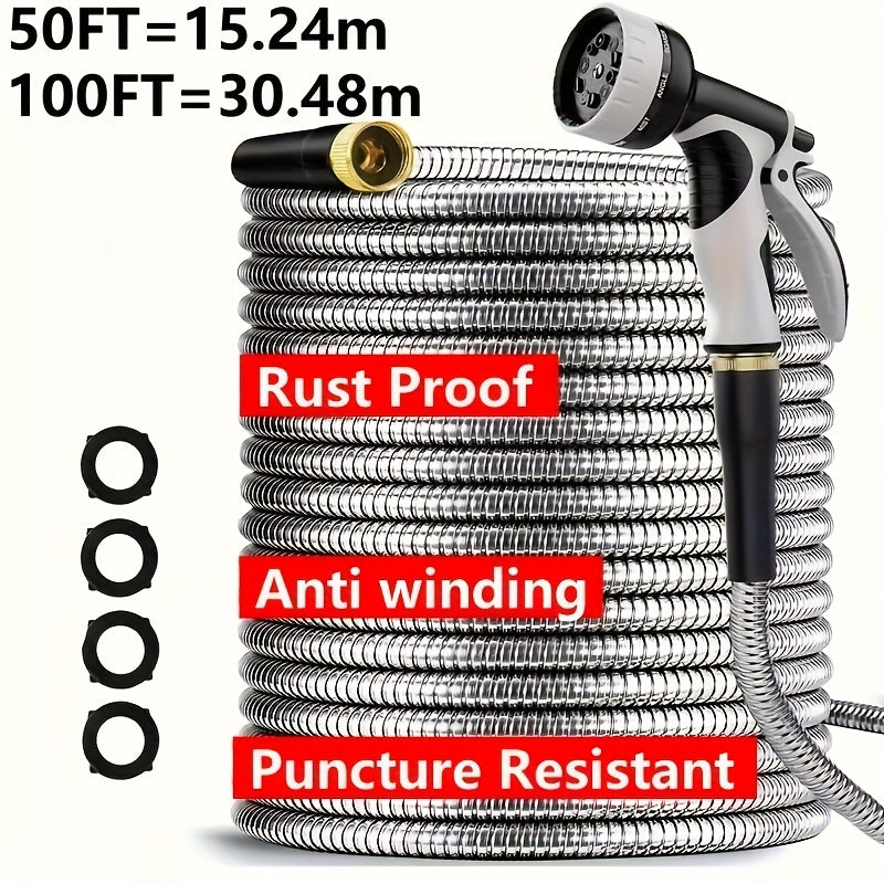 Heavy-Duty Stainless Steel Garden Hose With Multi-Function Nozzles - Parry's Picks