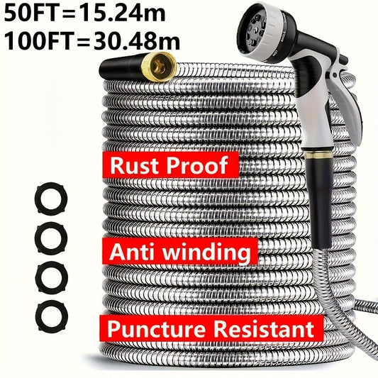 Heavy-Duty Stainless Steel Garden Hose With Multi-Function Nozzles - Parry's Picks