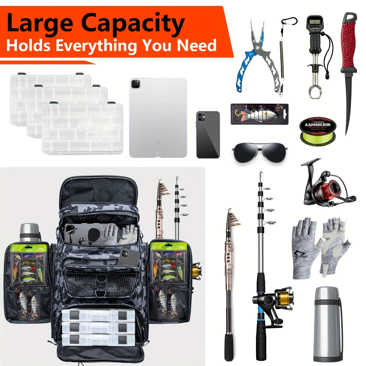 Zippere Fishing Gear Backpack With Rod Holder Durable Nylon