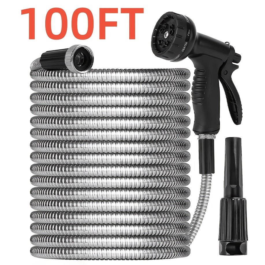 Heavy-Duty Stainless Steel Garden Hose With Multi-Function Nozzles - Parry's Picks
