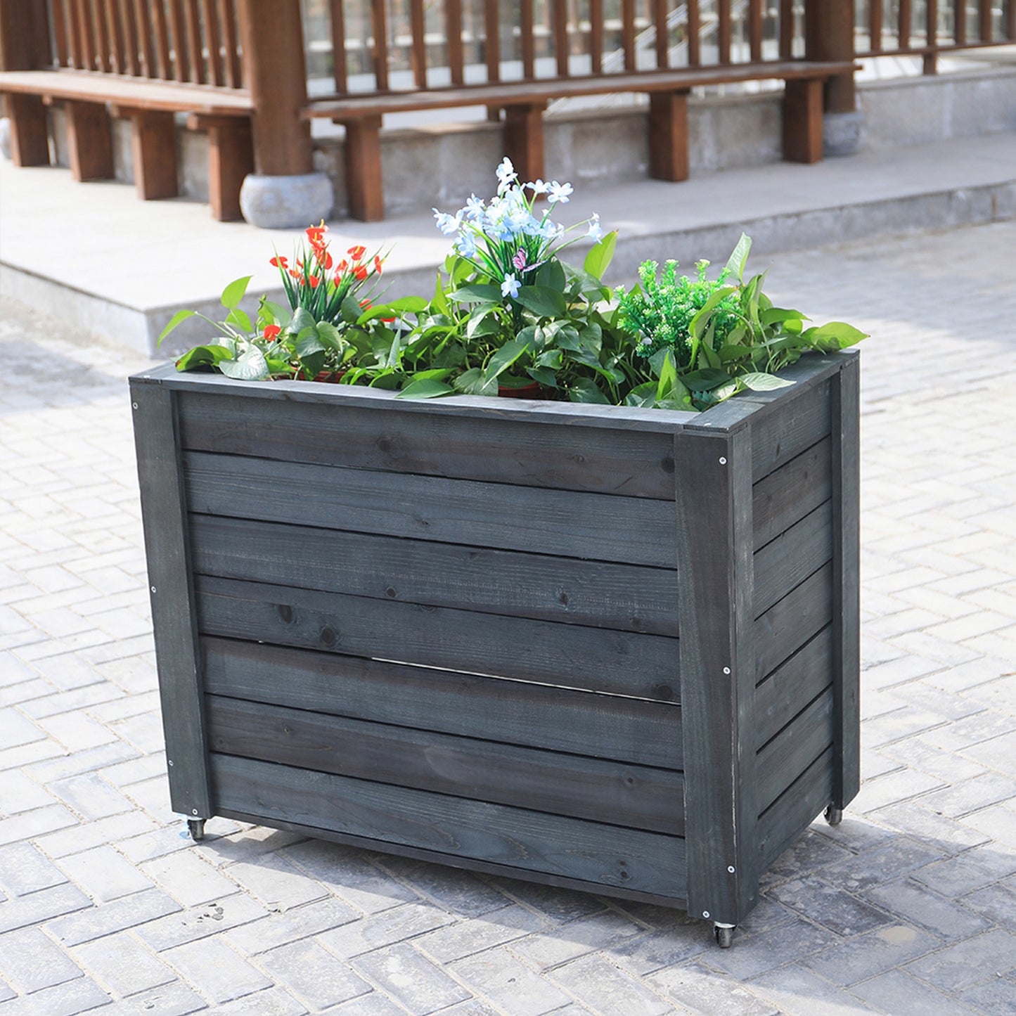 Solid Wood Mobile Planter With Built In Storage And Wheels