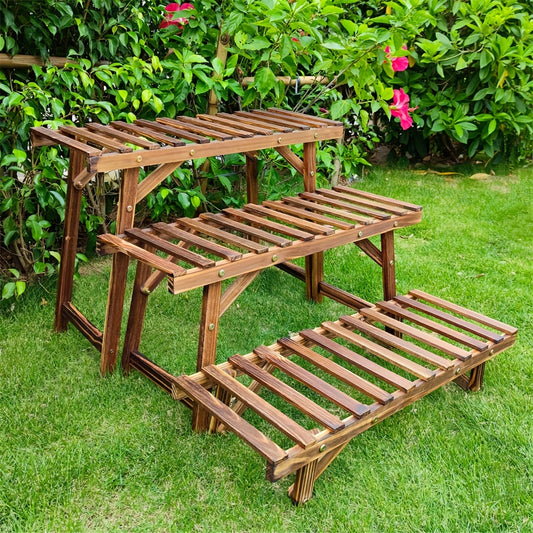 Three Tier Wooden Plant Rack Stand Indoor Outdoor Display