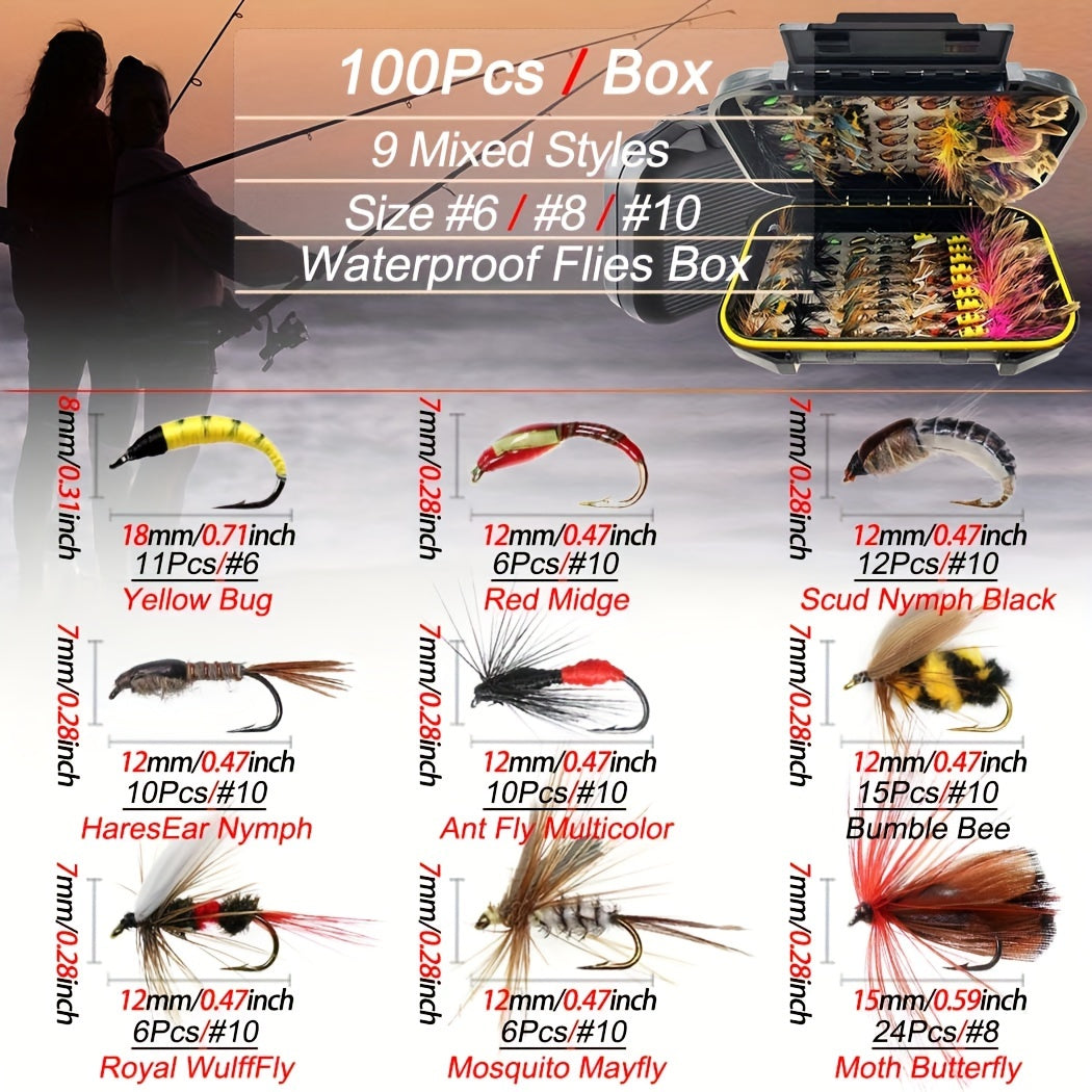 QIEVCRME Fly Fishing Flies Kit 100pcs Dry Wet Lures