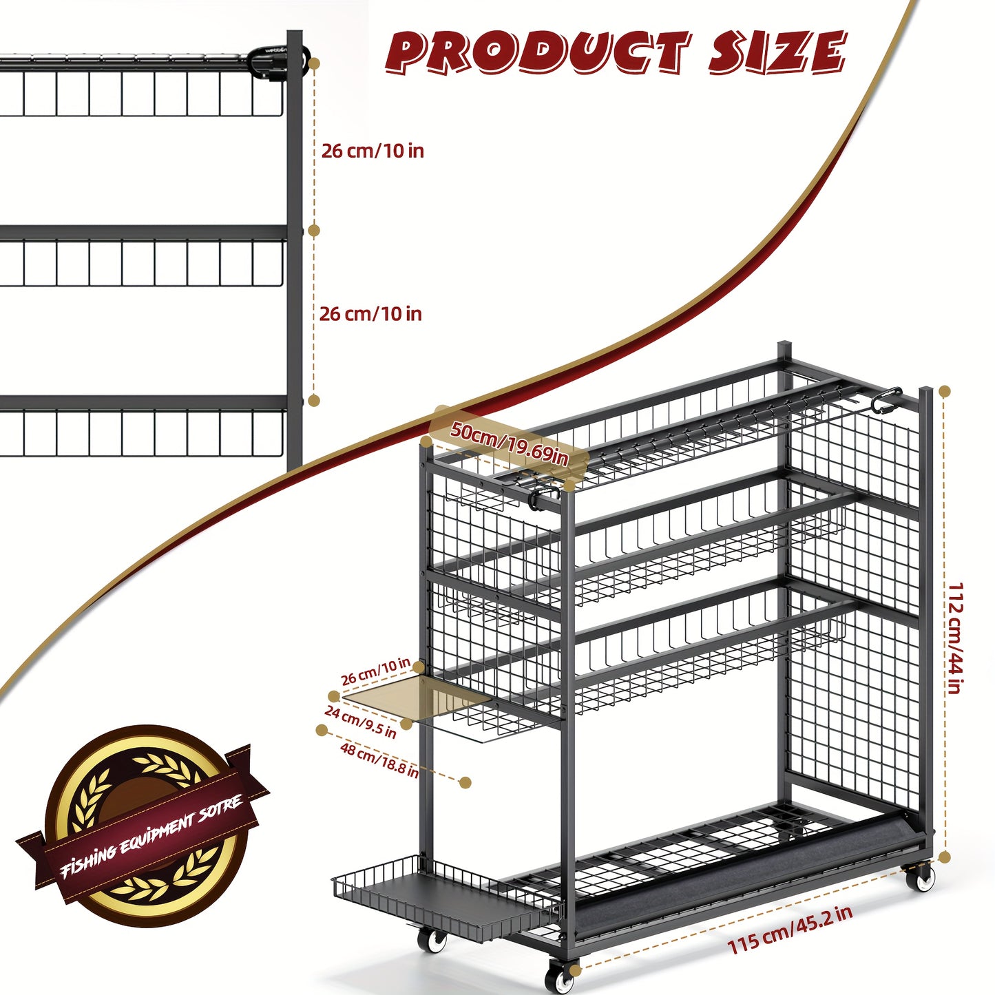 Large Fishing Rod Storage Cart With 15 Hooks And Wheels
