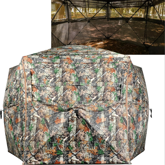 Heavy-Duty Pop-Up Hunting Blind - 288-Degree Wide-Angle Coverage, 3-4 Person Deer Blind with Quick Setup, Portable Ground Blind with Sturdy Frame for Hunting, Camouflage Outdoor Shelter (Compatible with Trees/Grass), Deer Hun