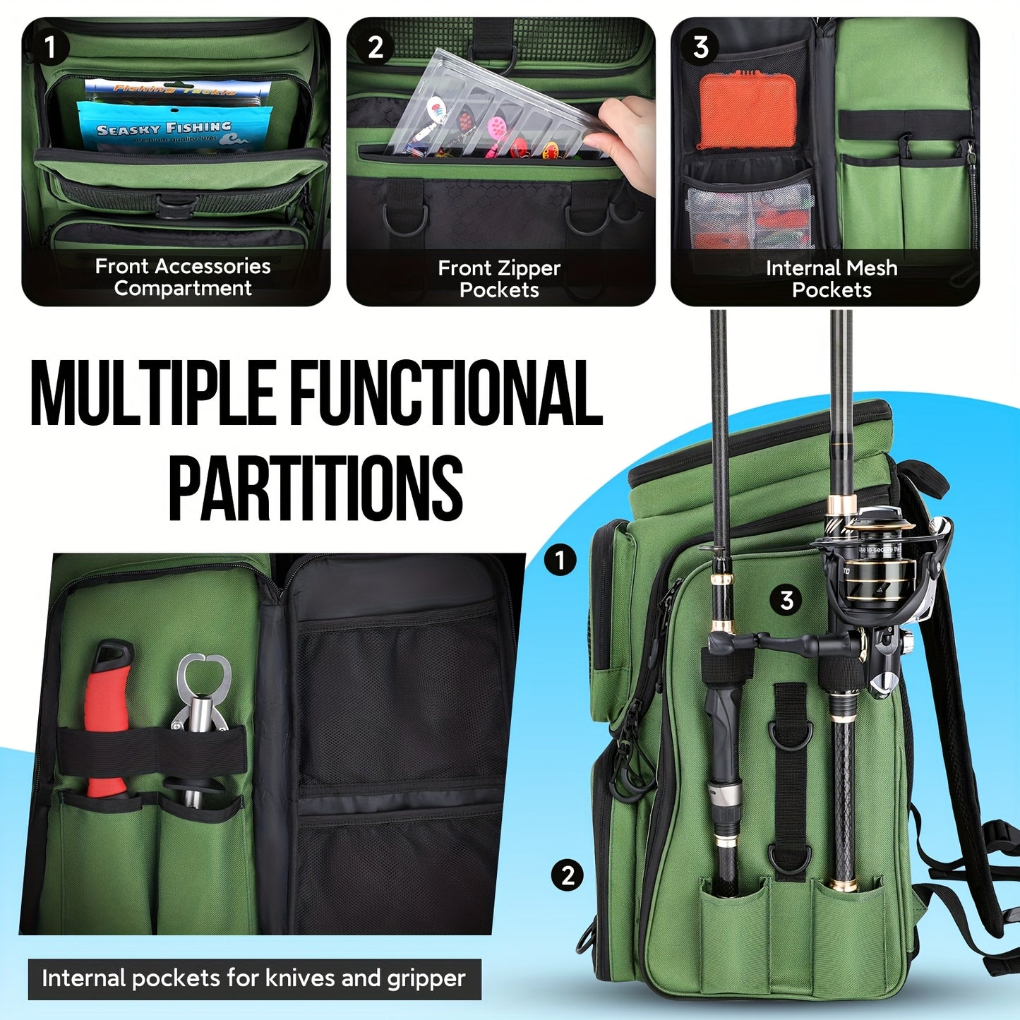 Fishing Backpack With Rod Holders Durable Polyester Bag