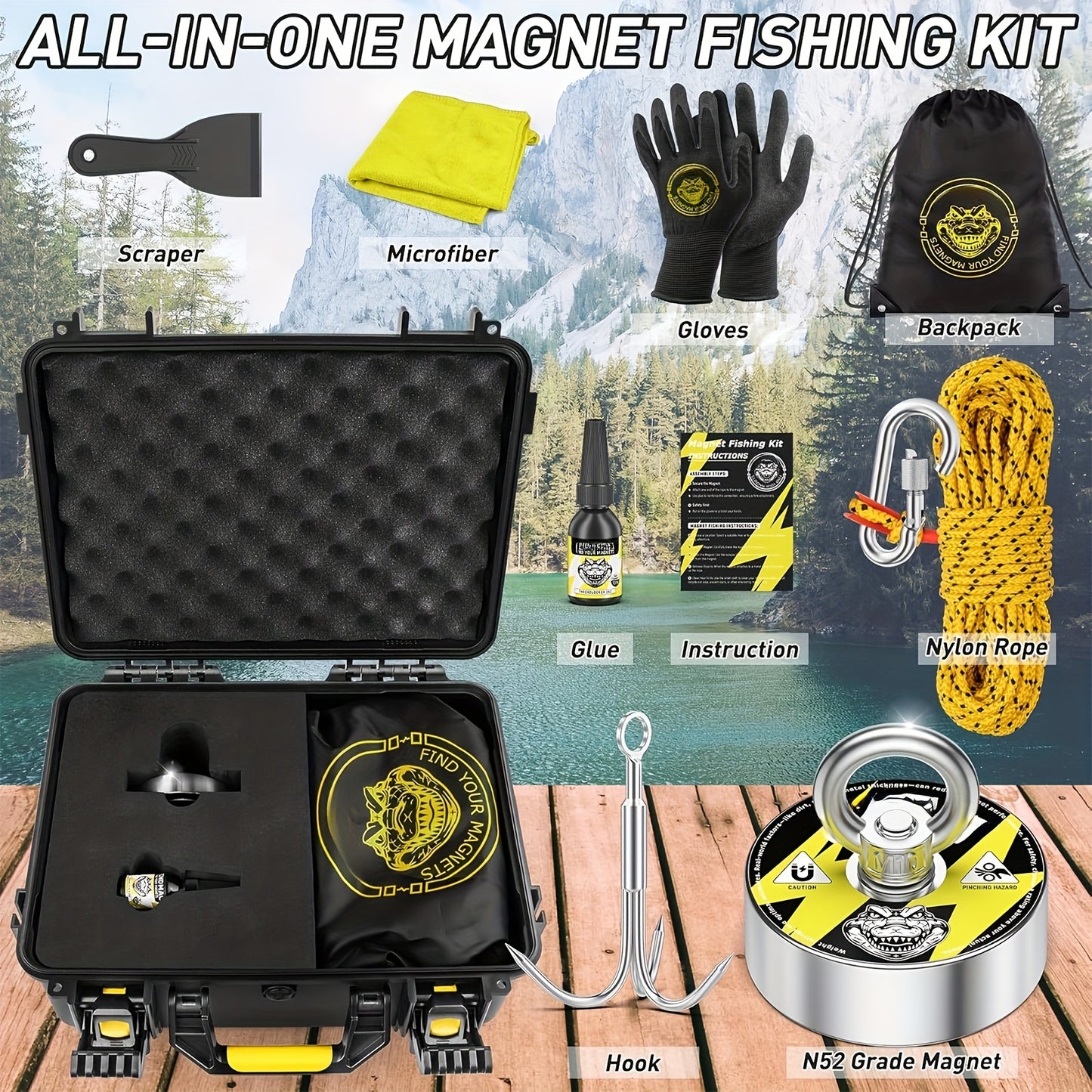 Magnet Fishing Kit 1000 Lbs N52 Magnetic Set With Case
