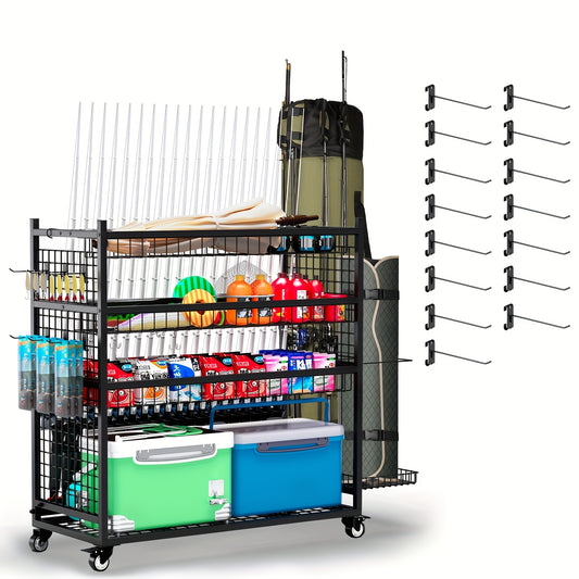 Large Fishing Rod Storage Cart With 15 Hooks And Wheels
