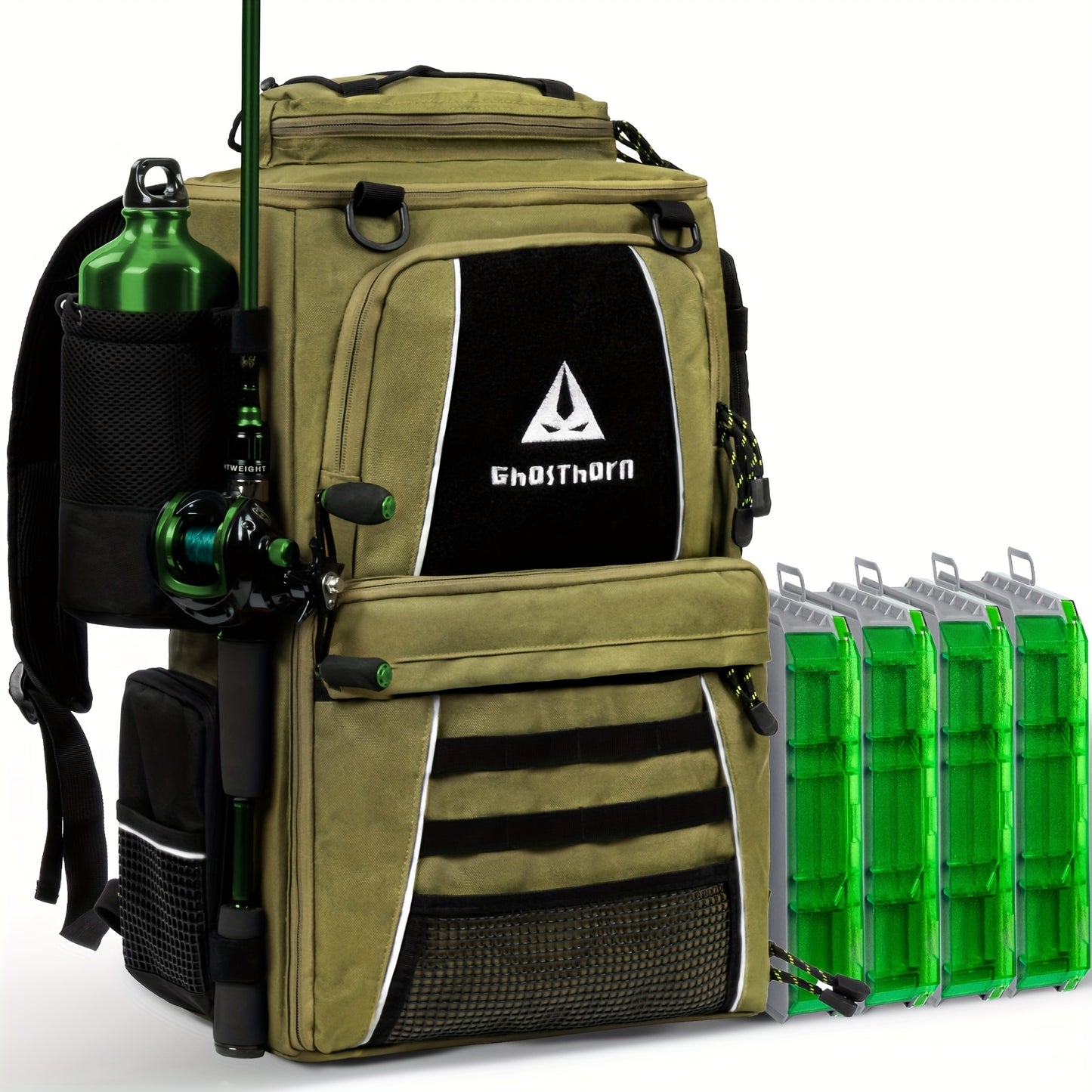 Ghosthorn Fishing Tackle Backpack With TackleBoxes RodHolder