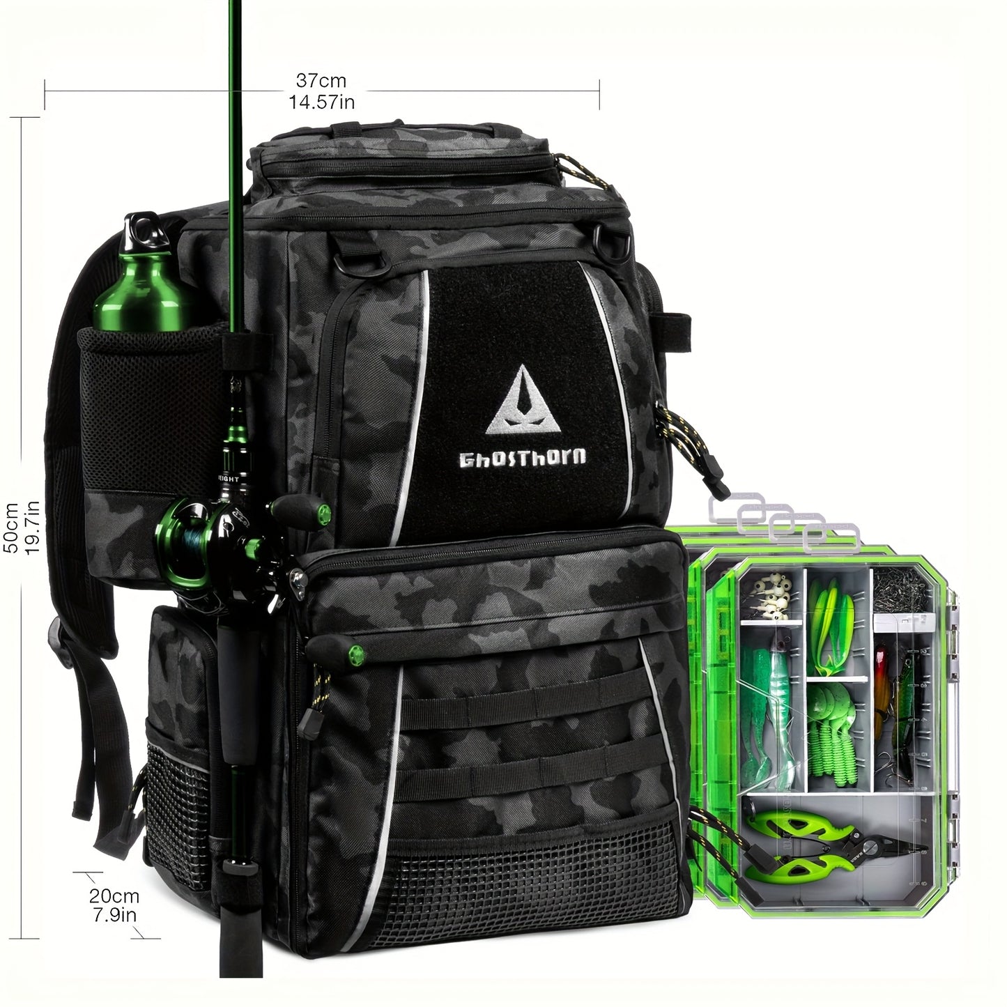 Ghosthorn Fishing Tackle Backpack With TackleBoxes RodHolder