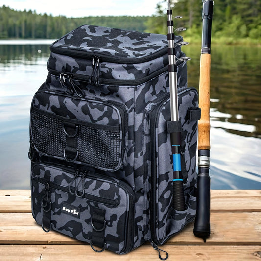 Zippere Fishing Gear Backpack With Rod Holder Durable Nylon