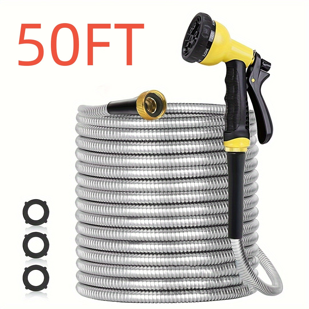 Heavy-Duty Stainless Steel Garden Hose With Multi-Function Nozzles - Parry's Picks