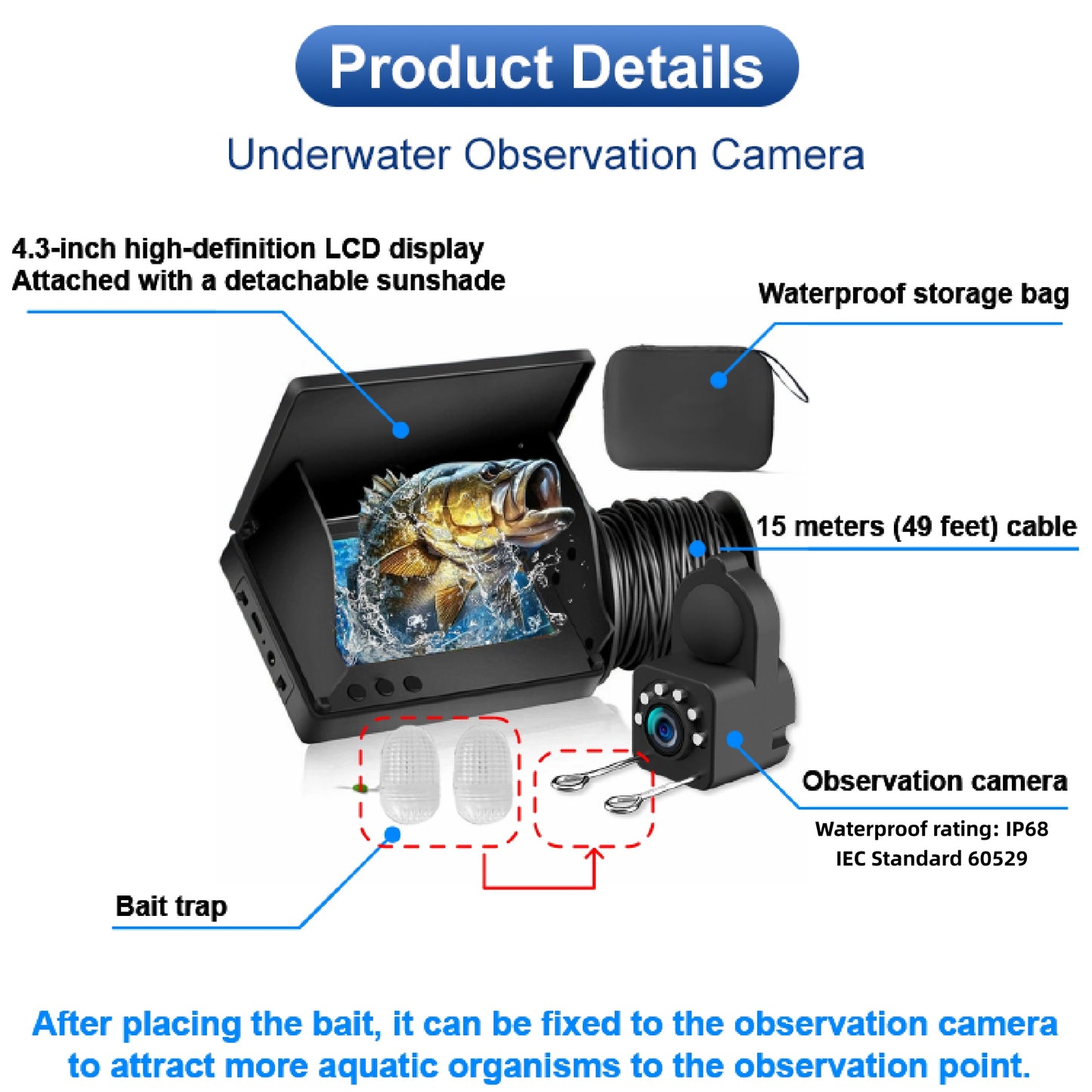 Underwater Fishing Camera With Night Vision IP68 Waterproof Wide-Angle