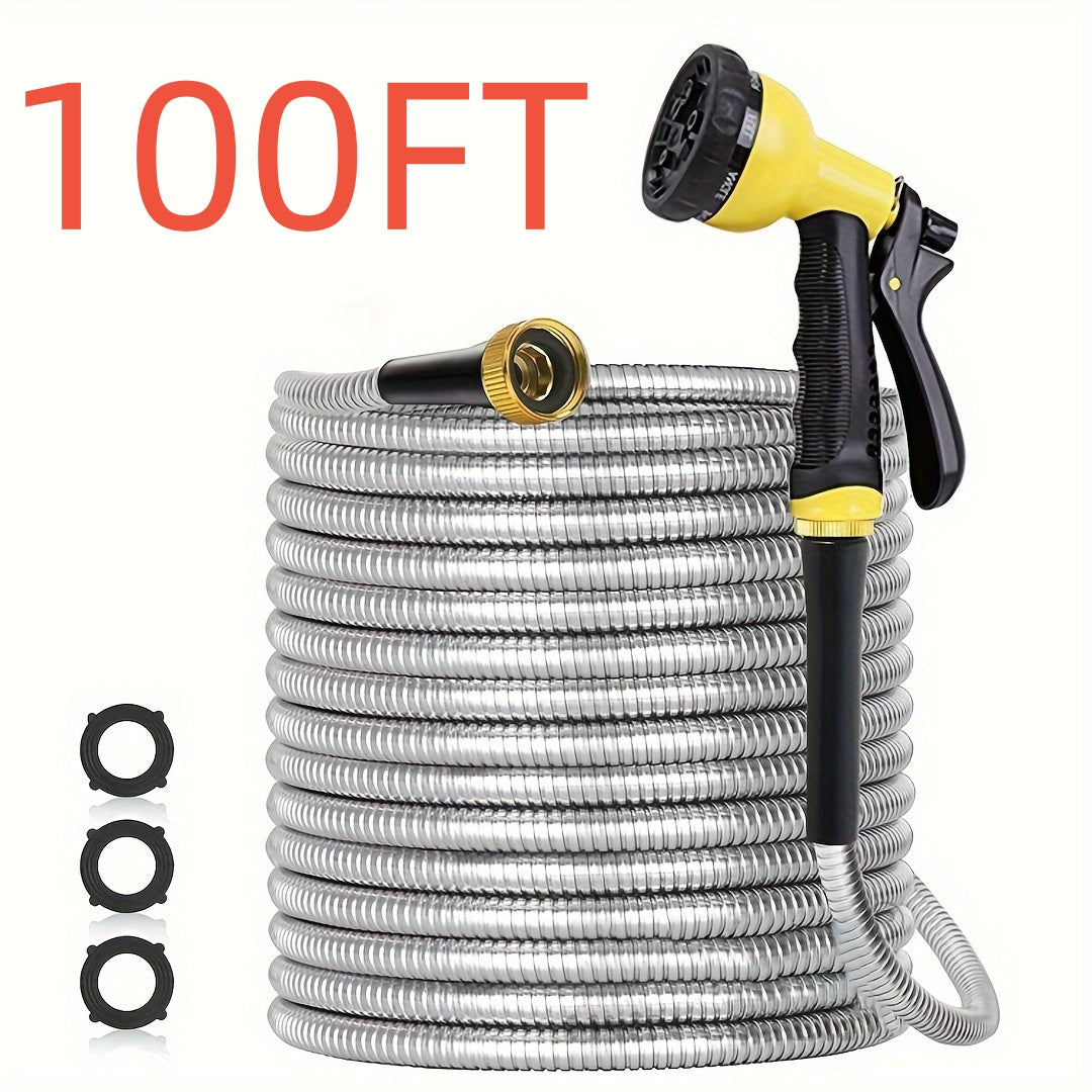 Heavy-Duty Stainless Steel Garden Hose With Multi-Function Nozzles - Parry's Picks